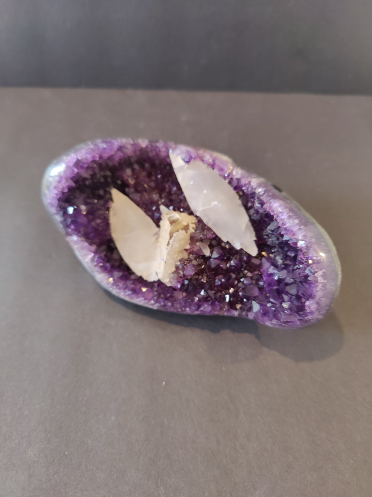 Amethyst with Calcite Crystal Inclusions Geode Sculpture