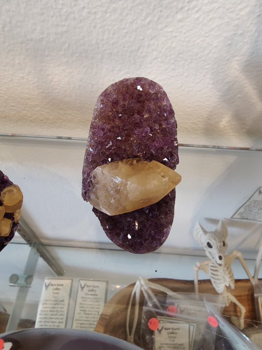 Amethyst with Golden Calcite Crystal Inclusion Geode Sculpture