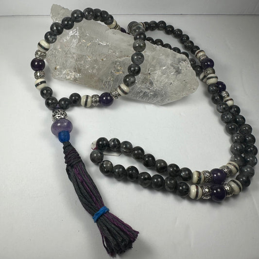 Larvikite Mala with Amethyst and Yak Bone Beads