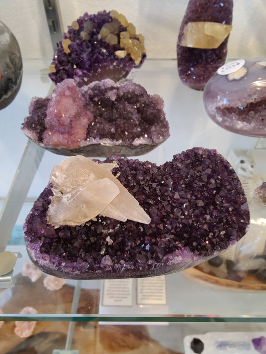 Polished Amethyst with Calcite Crystal Inclusions Geode Sculpture