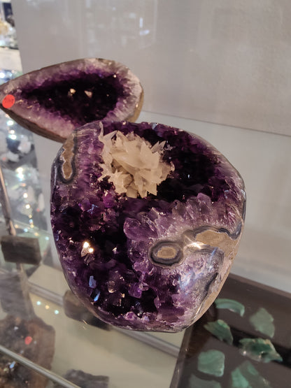Polished Amethyst with Scalenohedral "Dogtooth" Calcite Cluster Inclusion Geode Sculpture