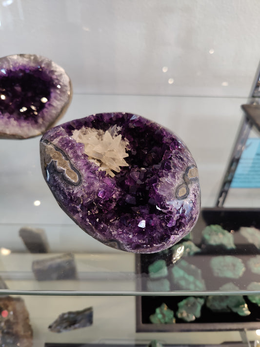 Polished Amethyst with Scalenohedral "Dogtooth" Calcite Cluster Inclusion Geode Sculpture